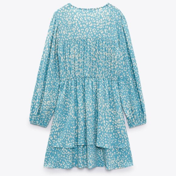 NEW Zara Animal Leopard Print V Neck Layered Ruffle Skirt Cute Mini Dress Blue S - Picture 6 of 10
